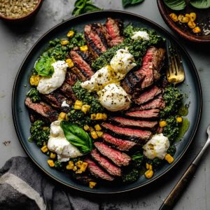 Grilled Flank Steak With Burrata & Pesto Recipe
