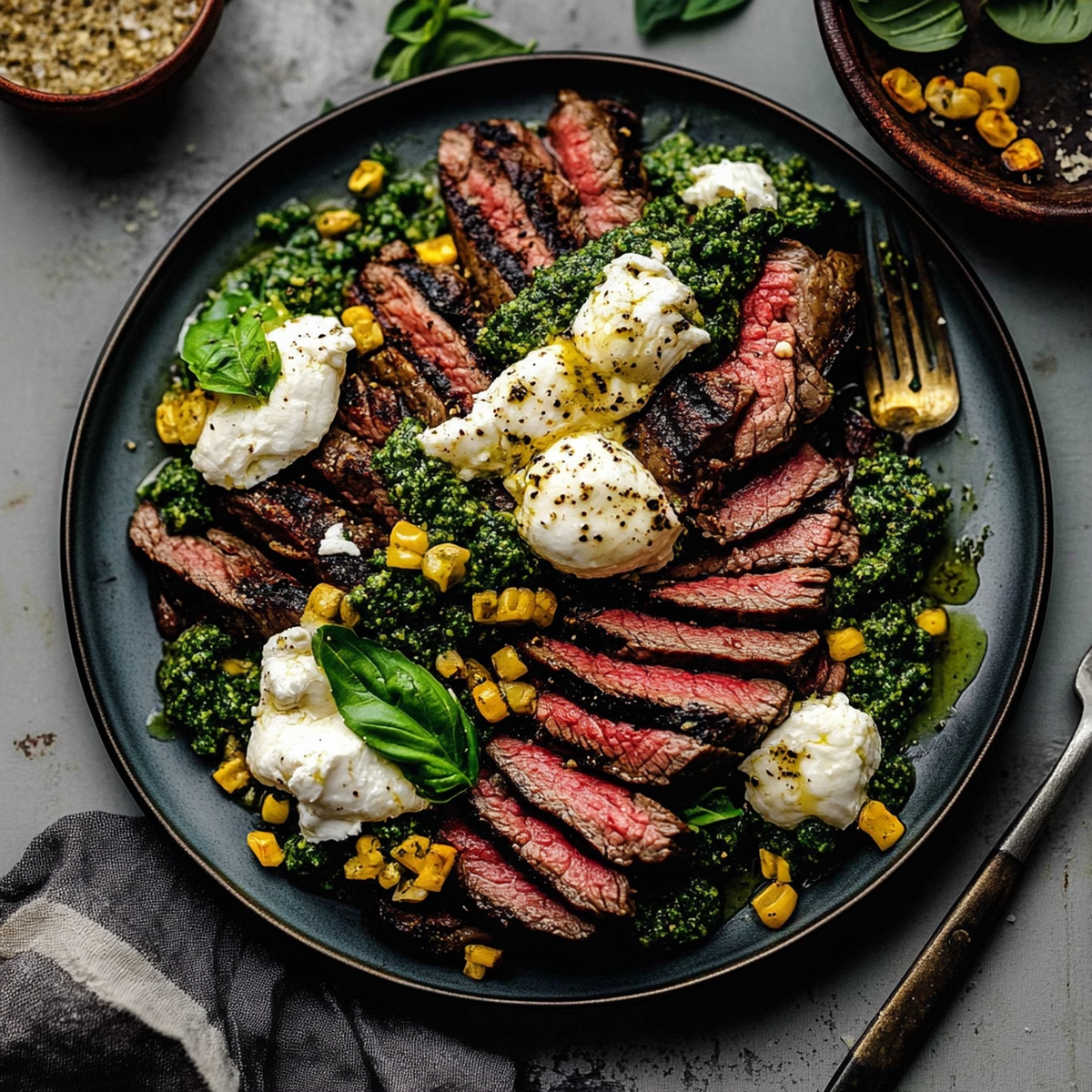 Grilled Flank Steak With Burrata & Pesto Recipe