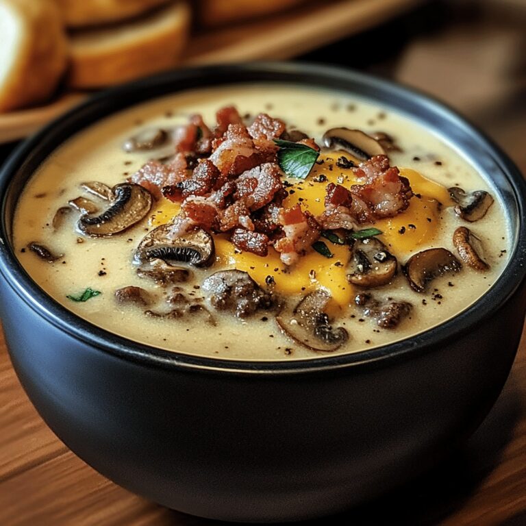 Hearty Bacon Mushroom Swiss Cheeseburger Soup Recipe