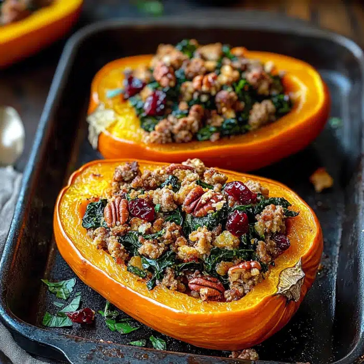Hearty Sausage Stuffed Butternut Squash With Spinach Recipe
