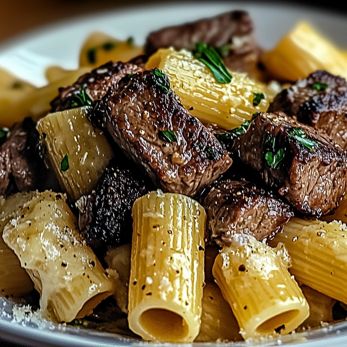 Garlic Butter Steak Tips With Cheesy Rigatoni Recipe