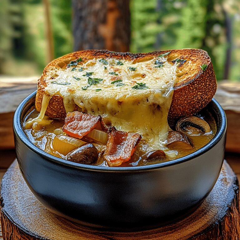 Hearty Mushroom & Caramelized Onion Soup With Cheesy Toasties And Bacon Recipe